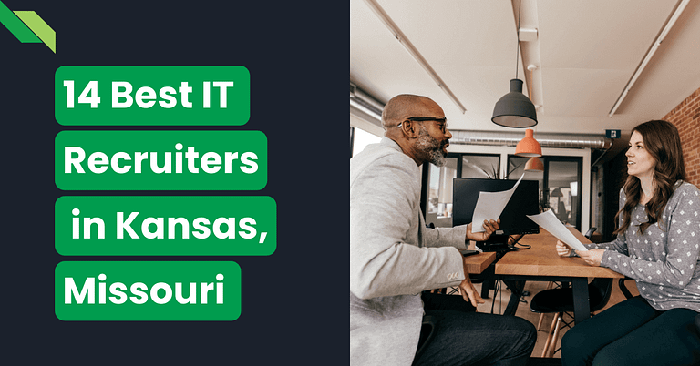 Two professionals engaged in discussion in an office environment, with text highlighting the '14 Best IT Recruiters in Kansas City, Missouri'.