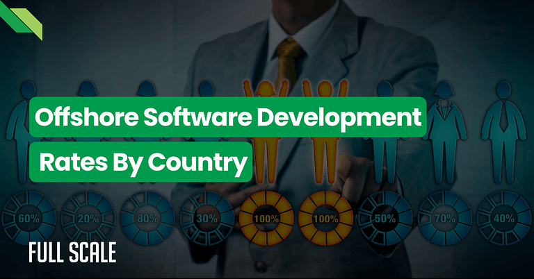 Businessman interacting with a digital interface displaying software development rates by country.