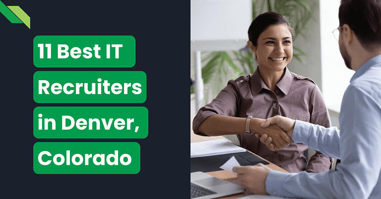 A professional handshake between two individuals alongside text listing the 11 Best IT Recruiters in Denver, Colorado.