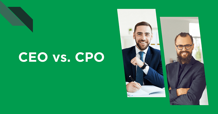 A comparison of the roles of CEO (chief executive officer) versus CTO (chief technology officer), displaying photos of two professional men associated with each position.