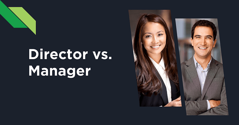 Comparison between director roles and manager roles featuring portraits of a professional woman and man.