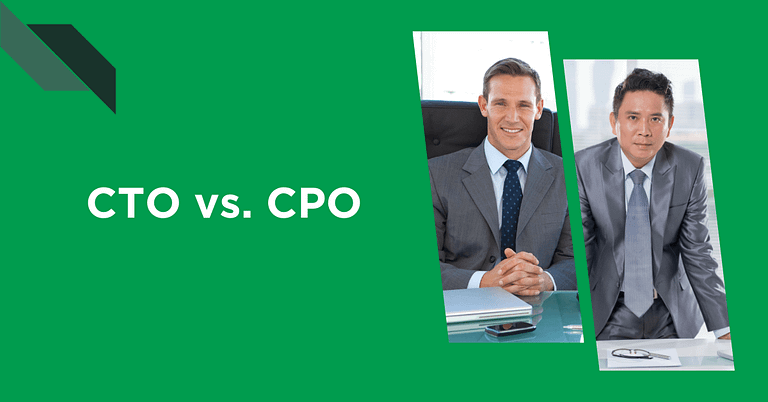 Split image comparing a Caucasian CTO and an Asian CPO, both in business suits, with a title "CTO vs. CPO" on a green background.