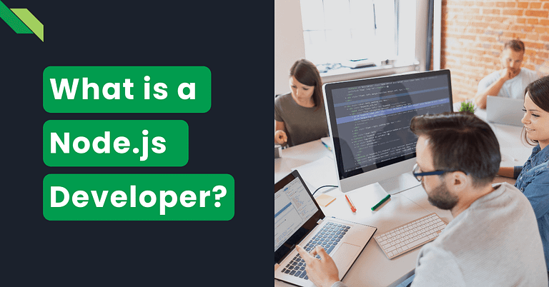Office setting with three Node.js Developers working on computers, with a text overlay asking "what is a Node.js Developer?".