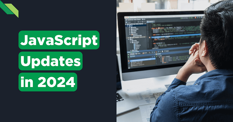 Man looking at a computer screen with code, next to a graphic about JavaScript updates in 2024.