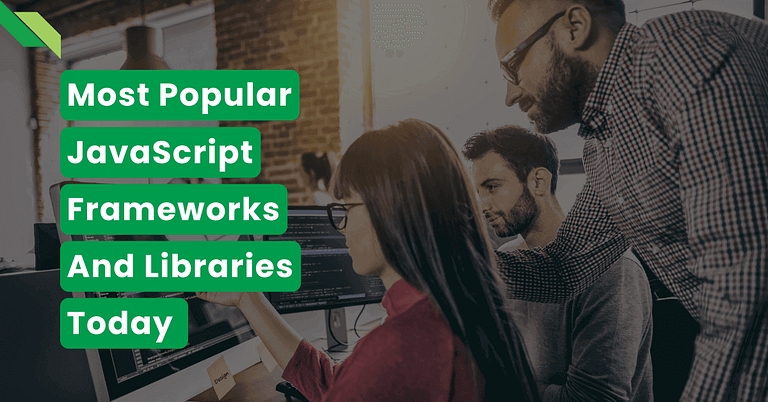 Professionals discussing the most popular javascript frameworks and popular javascript libraries in a modern workplace setting.
