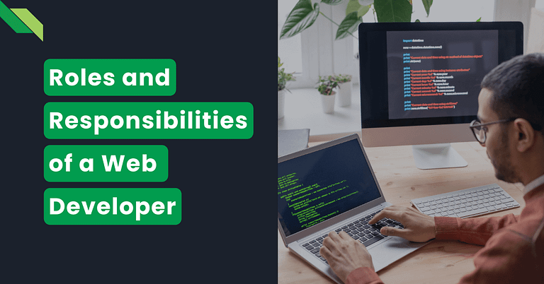A web developer working on code, with a presentation slide about the roles and responsibilities of a web developer in web development in the background.