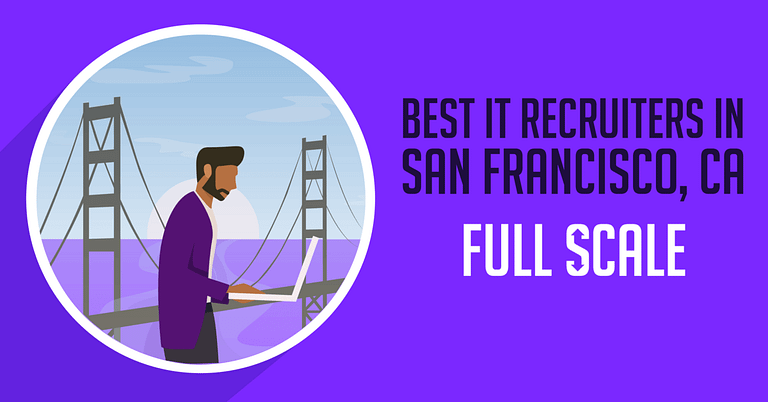An illustration of a man with a beard, wearing glasses and holding a mobile device, with text stating "10 Best IT Recruiters in San Francisco," set against a backdrop featuring.