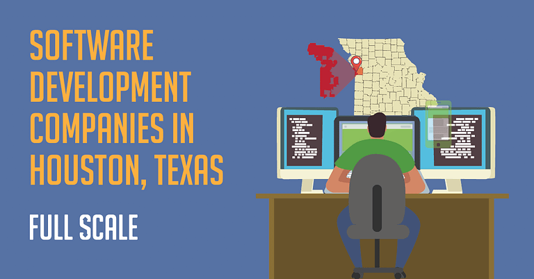 An illustration showcasing the 17 Best Software Development Companies in Houston, Texas, with a graphic of a programmer working in front of multiple computer screens.