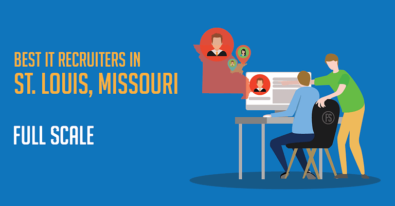 Three individuals are interacting in an office setting with a computer, and there are graphics indicating IT recruitment; the text emphasizes the theme, stating "9 Best IT Recruiters in St. Louis, Missouri