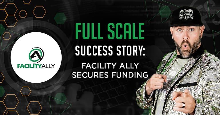 Man in a sequined jacket pointing towards text that reads "Success Story: Facility Ally Secures Funding Round" with Facility Ally logo presented, against a black background with green hex.
