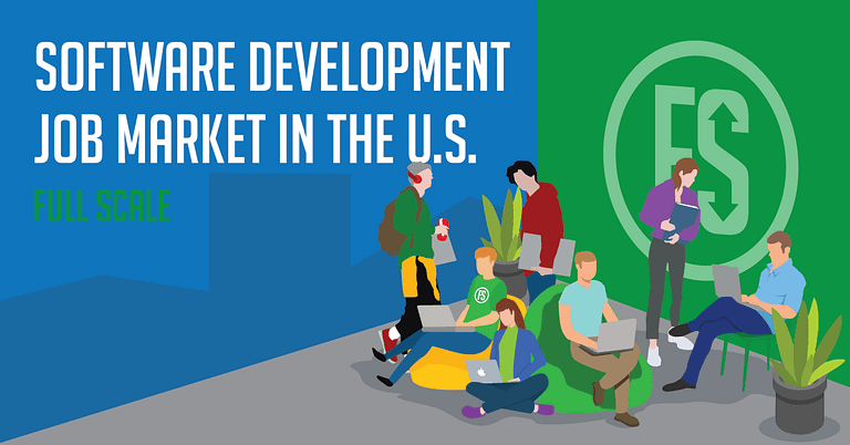 An illustration depicting a group of people engaged in software development activities, with the text "Software development job market in the U.S." displayed prominently, suggesting an emphasis on the employment landscape in this sector.
