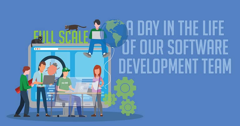 A colorful illustration depicting a software development team involved in various activities, including coding and meetings, with a caption reading "a day in the life of our software development team".