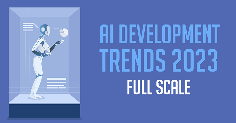 An illustration showcasing a humanoid robot inside a glass display, with text indicating "AI development trends 2023 full scale.