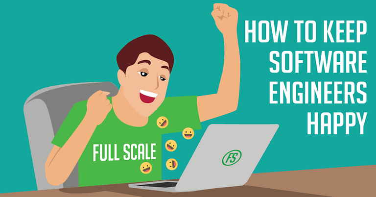An animated illustration showing a smiling software engineer raising a fist in excitement while working on a laptop, with text that reads "how to keep software engineers happy." The engineer's shirt displays the "Software Engineers