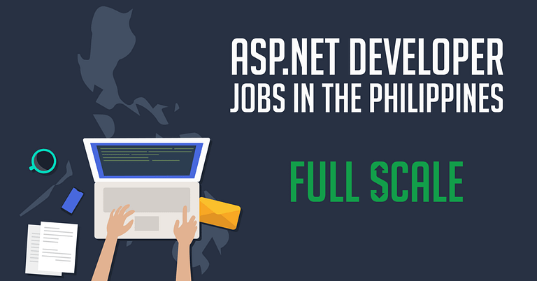 Image of a graphic advertising ASP.NET Developer jobs in the Philippines, featuring an overhead view of hands on a laptop with code on the screen, surrounded by programming-related icons and the text "full scale.