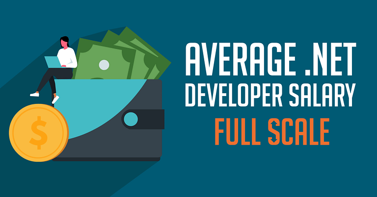 An infographic depicting the average .NET Developer salary with an emphasis on the full scale, featuring an illustration of a person sitting on a wallet with money and a coin with a dollar sign.