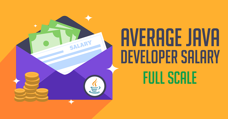 An infographic presenting information on the average salary of a Java developer, with visual elements including an envelope containing cash labeled 'Java Developer salary' and a stack of coins next to it, against an orange background
