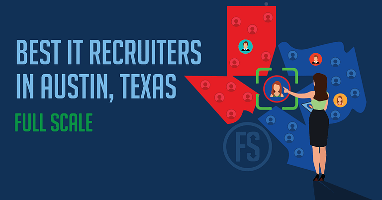 Graphic banner with text 'IT Recruiters in Austin - Full Scale', portraying a professional woman targeting a specific individual within a network of candidates.