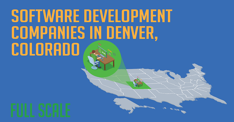 An illustrative representation highlighting the 18 Best Software Development Companies in Denver, Colorado, with a map of the United States and a magnifying glass over Denver.