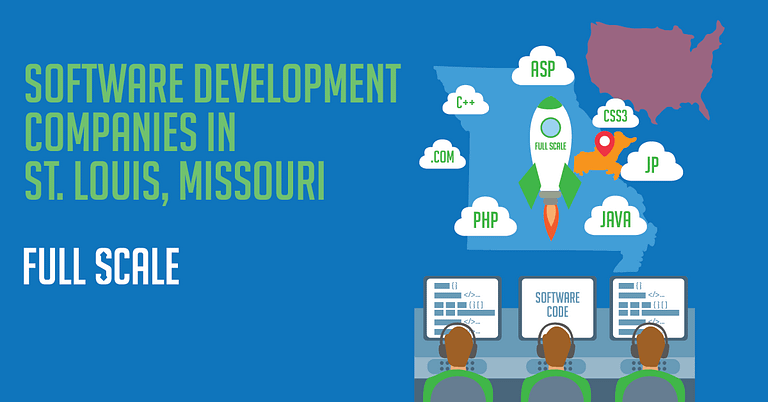 Graphical representation highlighting 16 Best Software Development Companies in St. Louis, Missouri, with icons denoting various programming languages and development technologies.