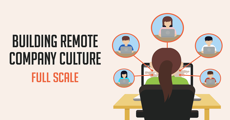 A graphic promoting 'remote company culture' with an illustration of a person at a desk connected to other team members through network lines.