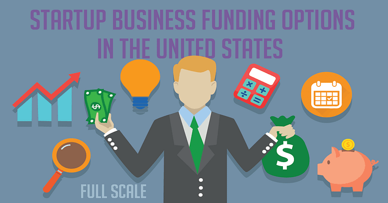 Infographic displaying various elements related to business funding options for startup companies in the United States, with icons representing growth, ideas, finance, scheduling, analysis, and savings.