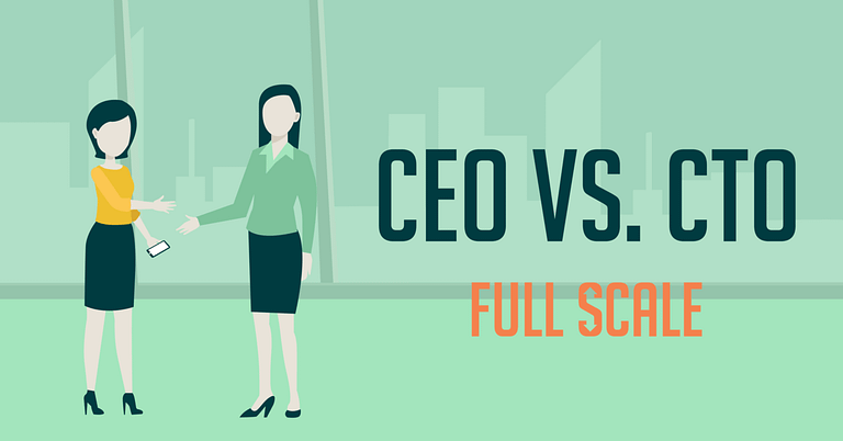 Two professional women standing facing each other with the text "CEO vs. CTO full scale" displayed, possibly indicating a discussion or comparison of roles within a corporate context.