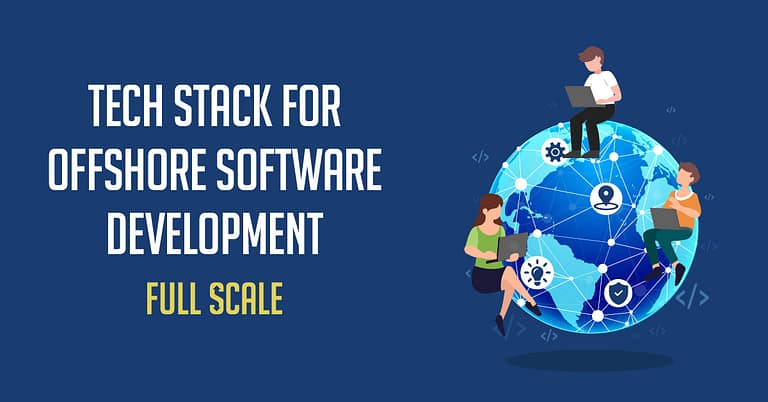 An illustrative representation of a diverse tech stack for offshore software development, featuring individuals engaging with various digital devices on a stylized globe interconnected by network lines, with the text "tech stack for offshore software