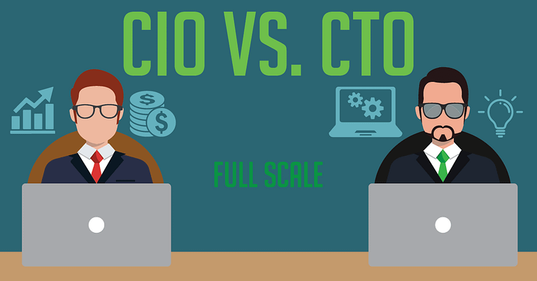 Two professionals, labeled as CIO and CTO, are depicted facing each other with laptops, set against a background with icons representing business and technology, symbolizing the roles and focus areas of