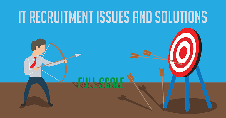 A graphic depicting a man with a bow and arrow aiming at a target symbolizing "IT recruitment issues and solutions" with the name "full scale" on the lower right side of the image.
