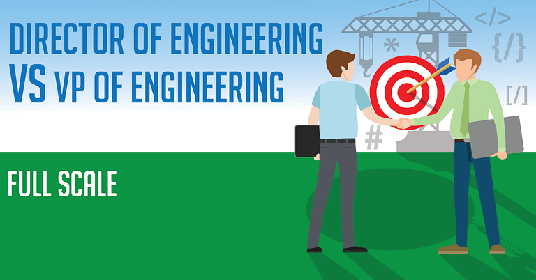 Two professionals, depicted as illustrations, are standing in a field, facing each other with laptops in hand, in front of a background that includes an engineering crane and a target. Text overlay contrasts "VP