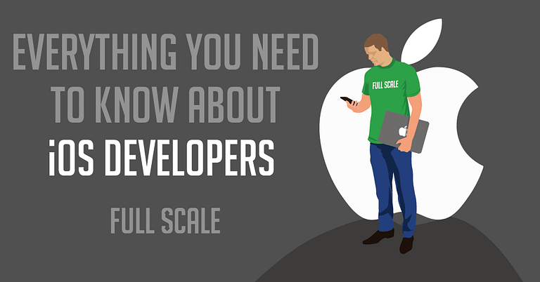 A graphic illustrating information about hire ios developers, featuring a male figure holding a smartphone in one hand and a tablet in the other, standing next to a large apple logo. The figure is wearing a t