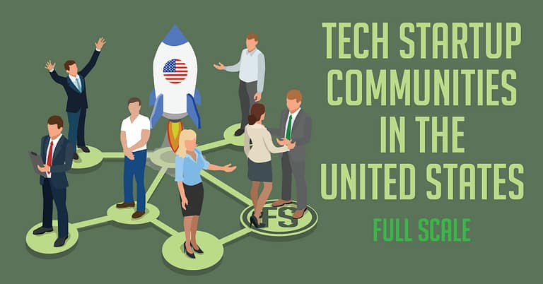 Illustration of diverse professionals connected by network lines centered around a rocket with the American flag, symbolizing the interconnected tech startup communities across the United States.