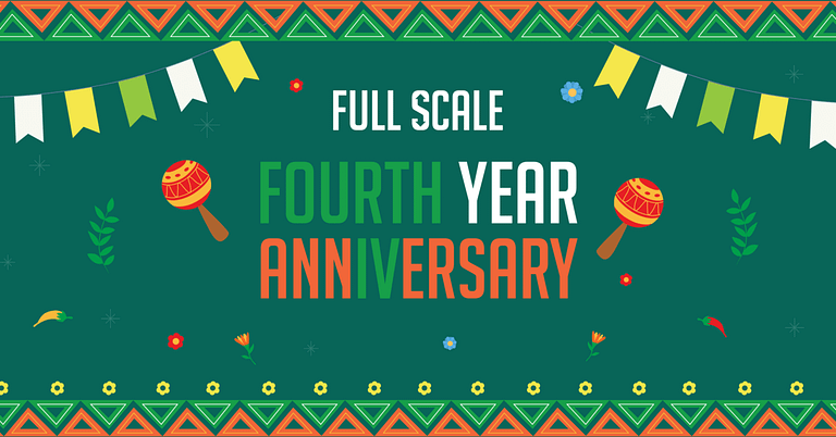 Festive anniversary banner celebrating the fourth year anniversary with decorative elements and vibrant colors.