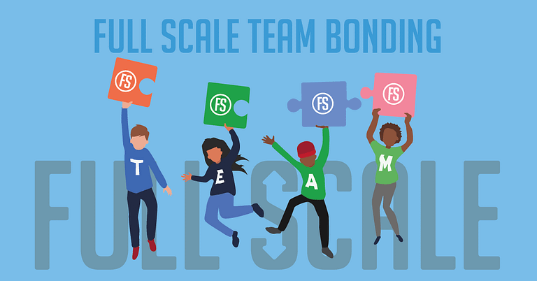 Graphic illustration depicting four animated characters holding puzzle pieces with the letters "f," "s," "t," and "a" above the phrase "team bonding," symbolizing teamwork and unity.