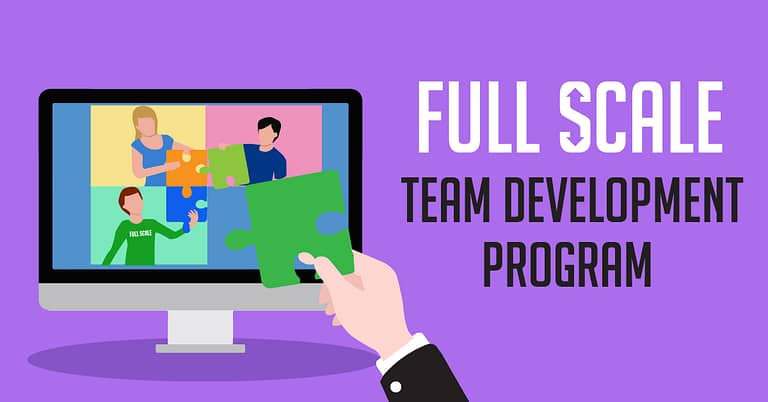 A graphic representation of a "full scale team development program" with an illustration showing a computer screen where cartoon figures are collaborating on fitting puzzle pieces together, symbolizing teamwork, while a hand is adding an