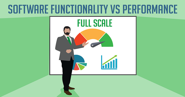 A man in a business suit is presenting a chart titled "functionality vs. performance," highlighting a balance gauge with zones in different colors and a bar graph on a presentation screen in a professional setting.