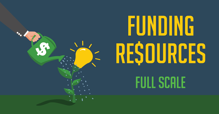 A graphic illustration showing a watering can with a dollar sign, pouring water onto a young plant with a lightbulb emerging from its leaves, next to the words "Startup financing resources full scale.