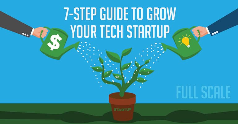 Two hands watering a young plant sprouting from a pot labeled "startup," symbolizing financial investment and innovative ideas as essential nutrients for business growth, against a backdrop promoting a "7-step guide to grow