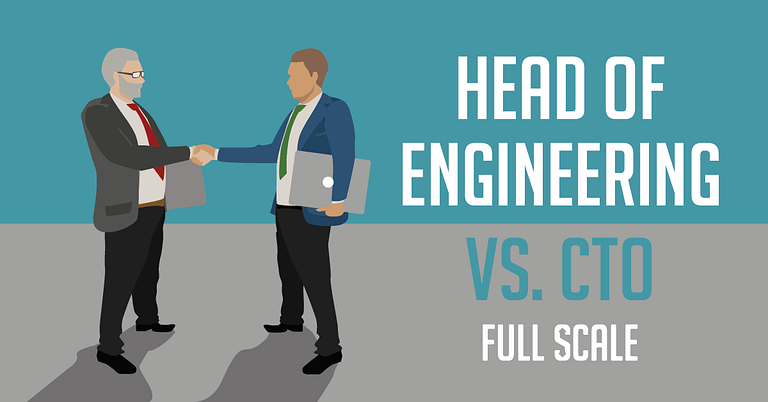 Two professional men shaking hands, possibly symbolizing a partnership or agreement, with text labels indicating a comparison or distinction between "Head of Engineering vs. CTO" at full scale.