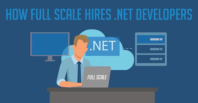 An illustrated graphic showcasing the hiring process for .net developers at full scale, featuring a character working on a laptop.