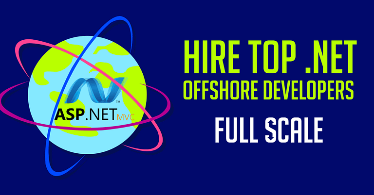 An advertisement graphic promoting the hiring of top offshore .NET developers at full scale, featuring the ASP.NET MVC logo and a stylized illustration of an atom and globe.