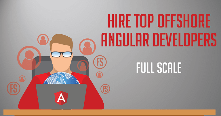 An advertisement featuring a male figure working on a laptop with the angular logo, promoting a guide to hiring top offshore Angular developers.