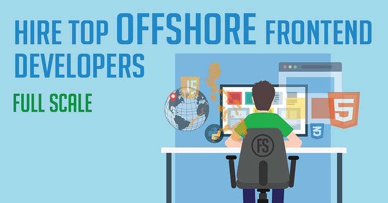 An advertisement for hiring offshore front-end developers, featuring an illustrated developer working at a computer desk with web development icons and a globe, emphasizing global talent outreach.