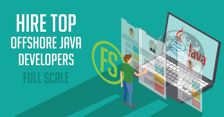 An advertisement promoting the hiring of top offshore Java developers by full scale, featuring an isometric graphic of a developer working on a computer with Java programming graphics.