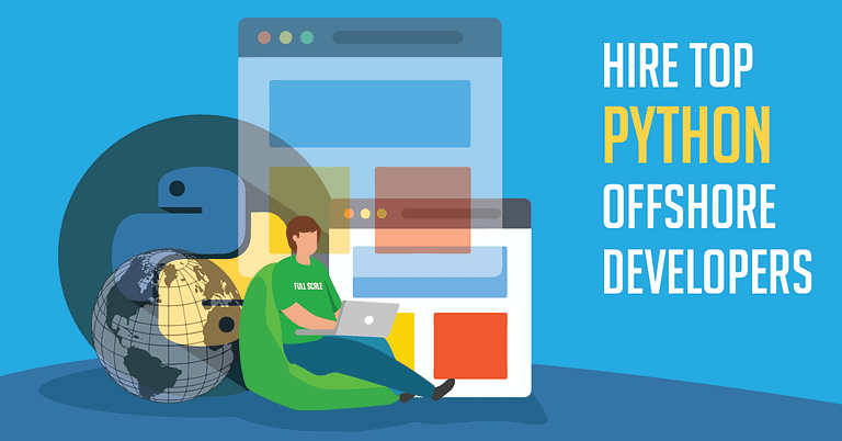 Graphic promoting the hiring of top Python offshore developers, featuring an illustration of a developer with a laptop, a Python logo, a web browser window, and a globe.