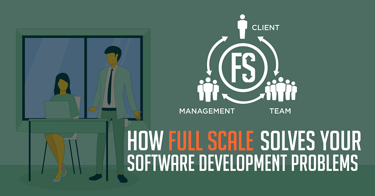Two professionals in an office setting with a graphic explaining "how full scale solves your software development problems," highlighting client, management, and team aspects in resolving software development issues.