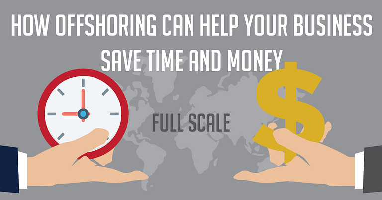 A graphical representation emphasizing how offshoring benefits businesses, showcasing cost savings and time efficiency, with icons of a clock and a dollar sign against a world map background.