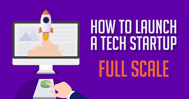 Graphic illustration presenting a guide on launching a tech startup, featuring a stylized rocket launch on a computer monitor, with the title 'how to launch a tech startup - comprehensive guide'.