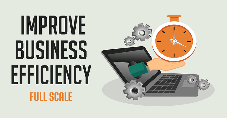 An illustration promoting business improvement featuring an arm extending from a laptop holding a stopwatch, surrounded by gears, with the text "improve business efficiency - full scale.